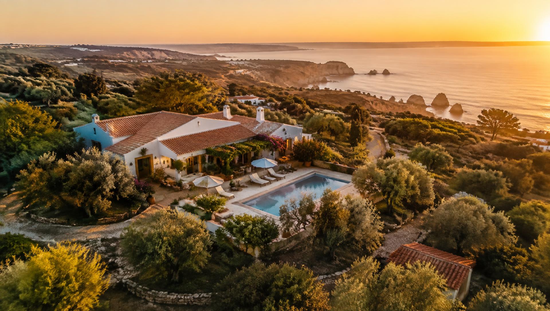 Villa portuguesa com piscina vista de drone ao pôr do sol